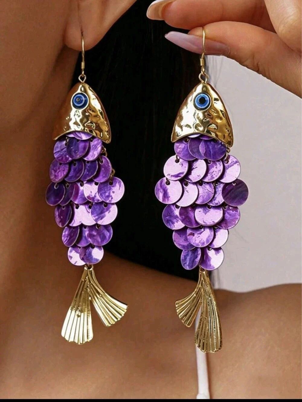 Gold Statement Purple Pearl Fish Dangle Earrings